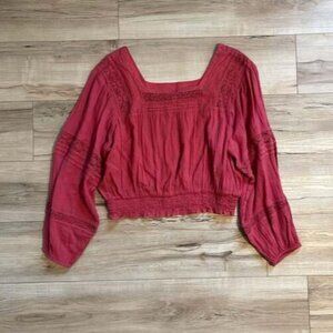 Dark Pink Lace Square-Neck Cropped Smocked Blouse